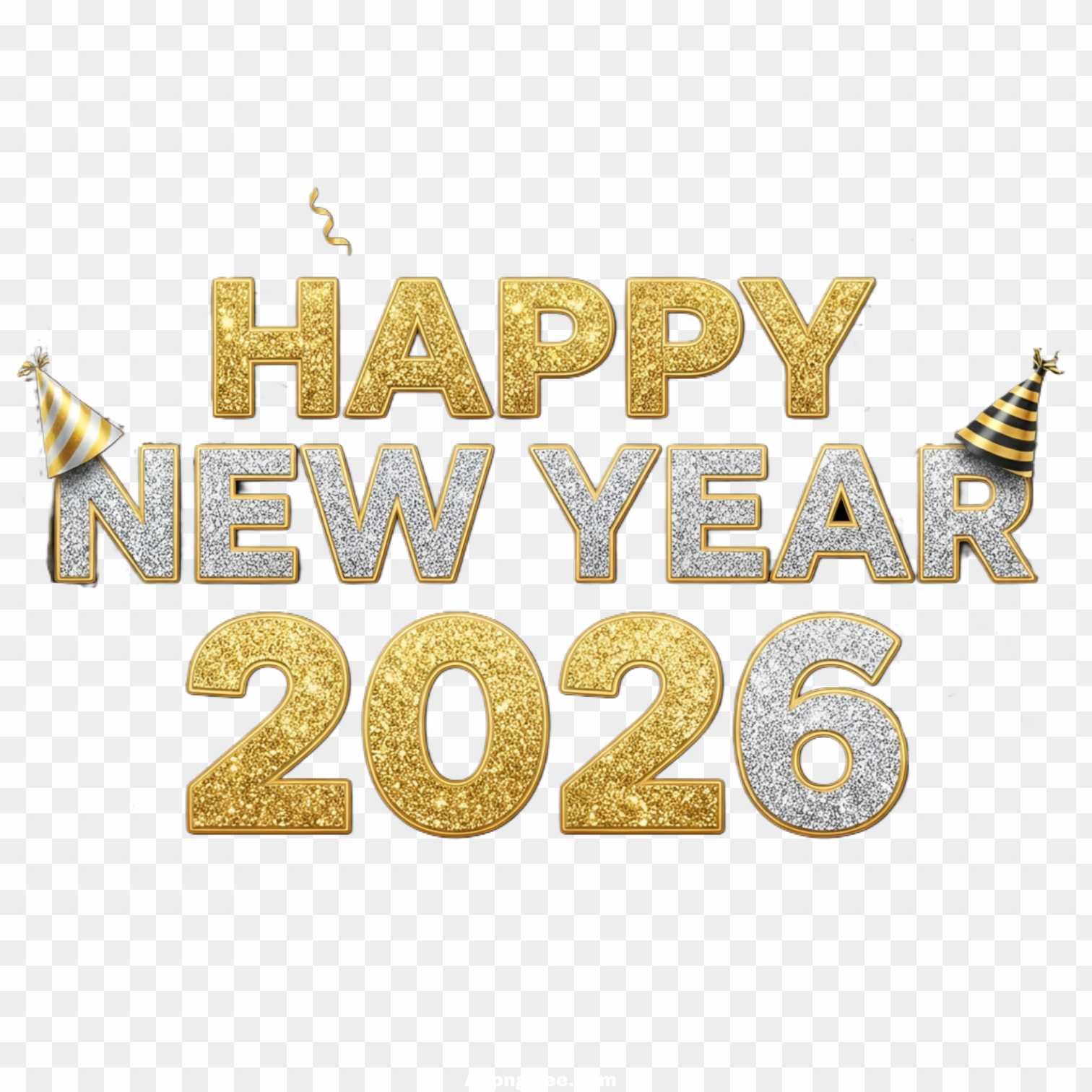 Happy New Year 2026 PNG | Gold & Silver Glitter Text with Party Hats