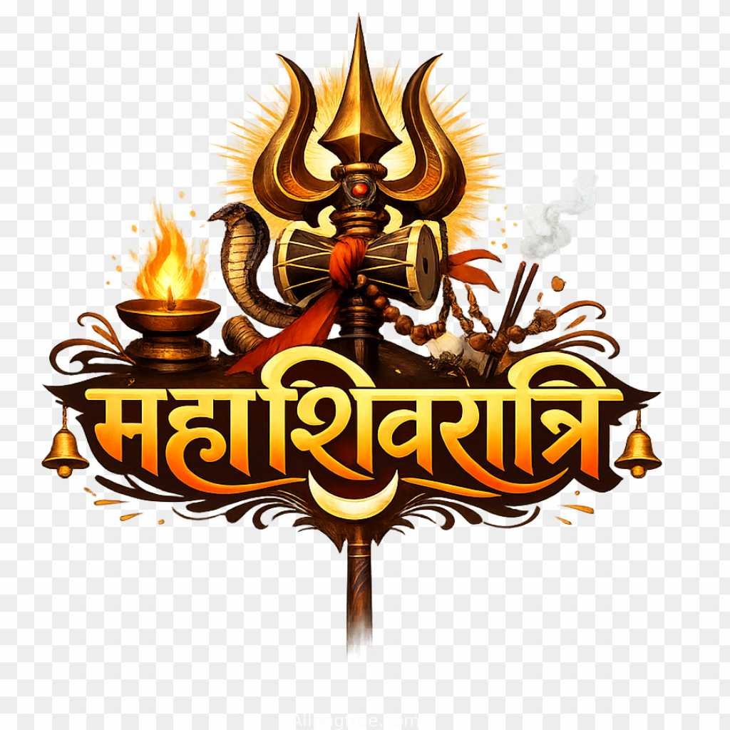Maha Shivratri Golden Calligraphy text PNG | Detailed Trishul & Diya Design