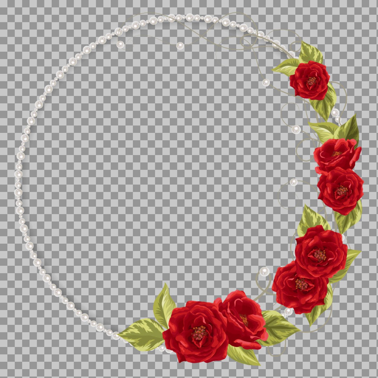 Red Rose & Pearl Circular Floral Frame PNG | Elegant Wedding Border