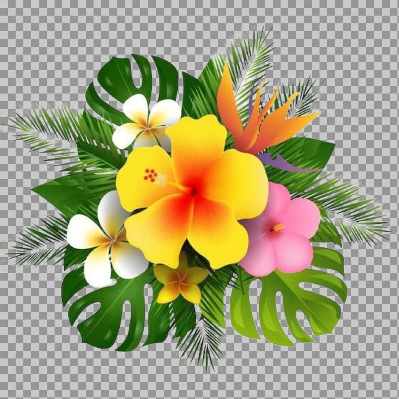 Tropical Flower Bouquet PNG with Palm Leaves – Transparent Floral Image