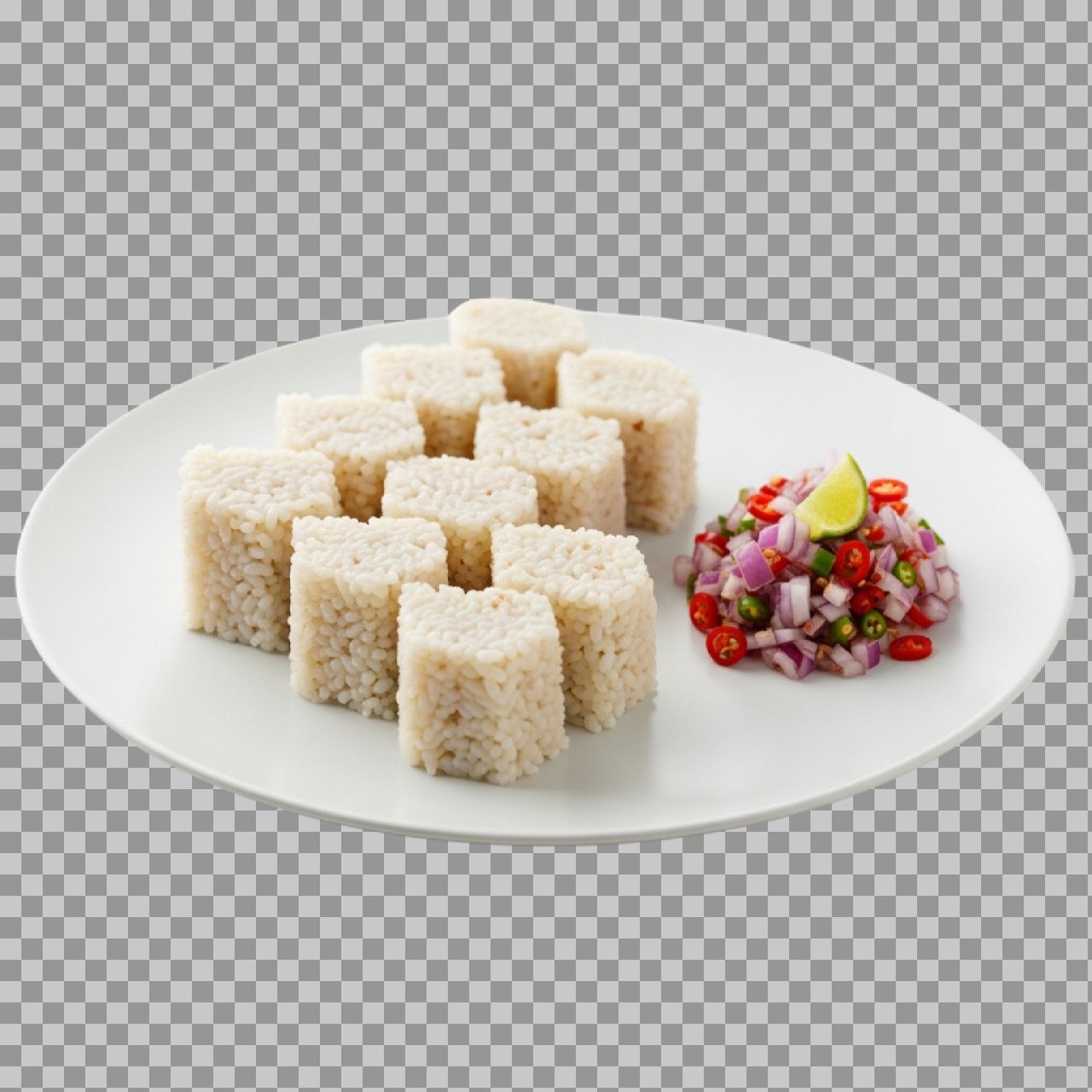 Steamed Rice Cubes PNG with Onion Chili Salad – Transparent Image