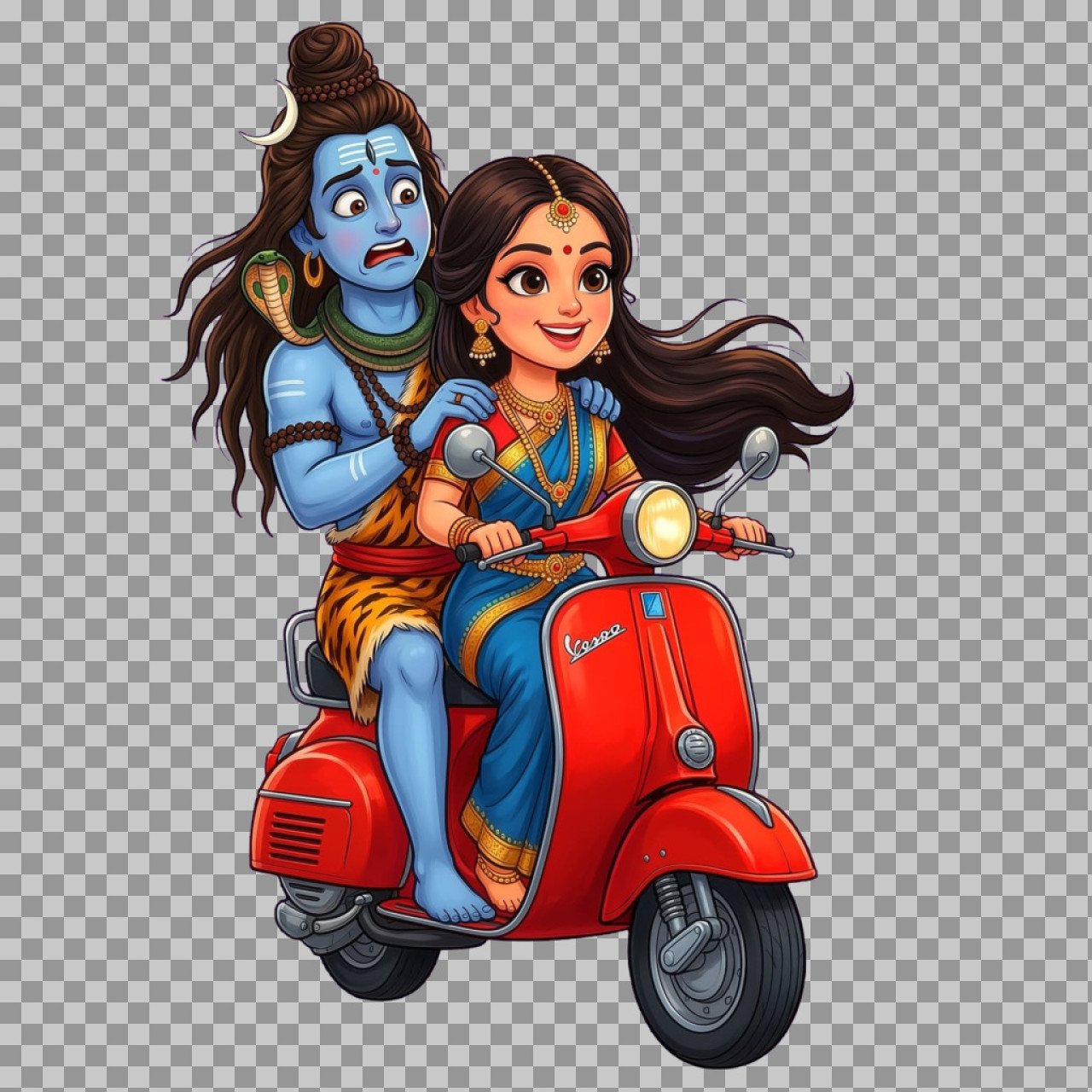 Cute Shiva Parvati Cartoon PNG – Hindu God Couple on Scooter Transparent Image