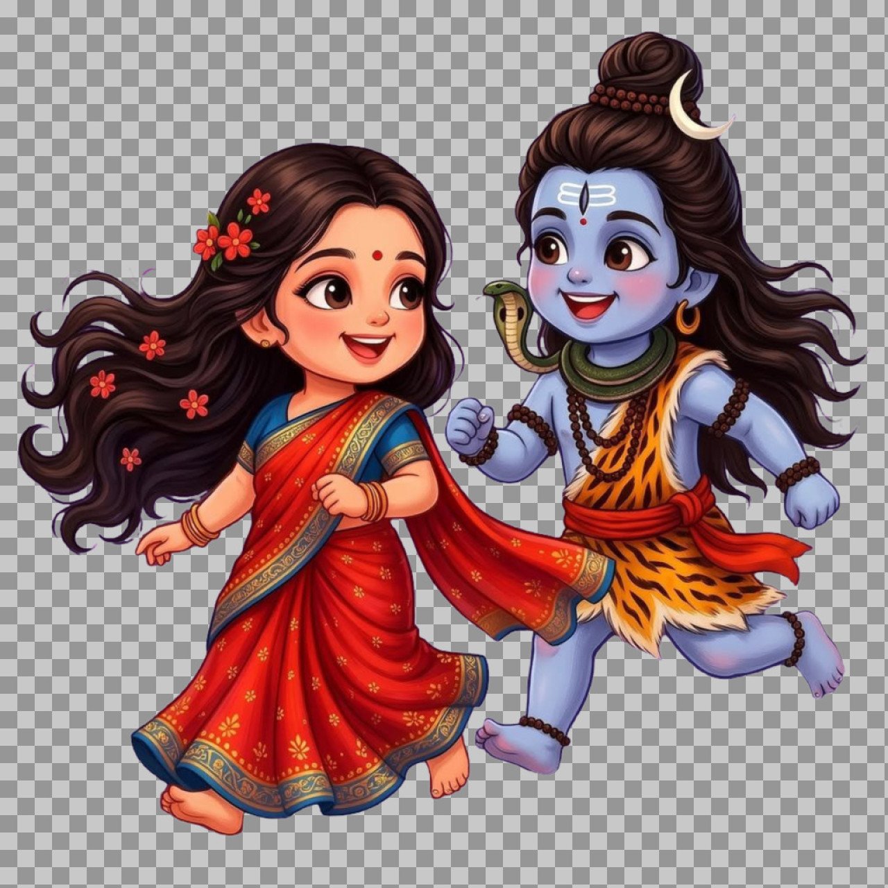 Cute Shiva Parvati Cartoon PNG – Hindu God Couple Running Illustration