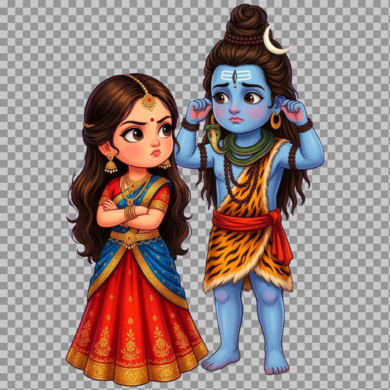 Cute Angry Shiva Parvati Cartoon PNG – Hindu God Couple Illustration