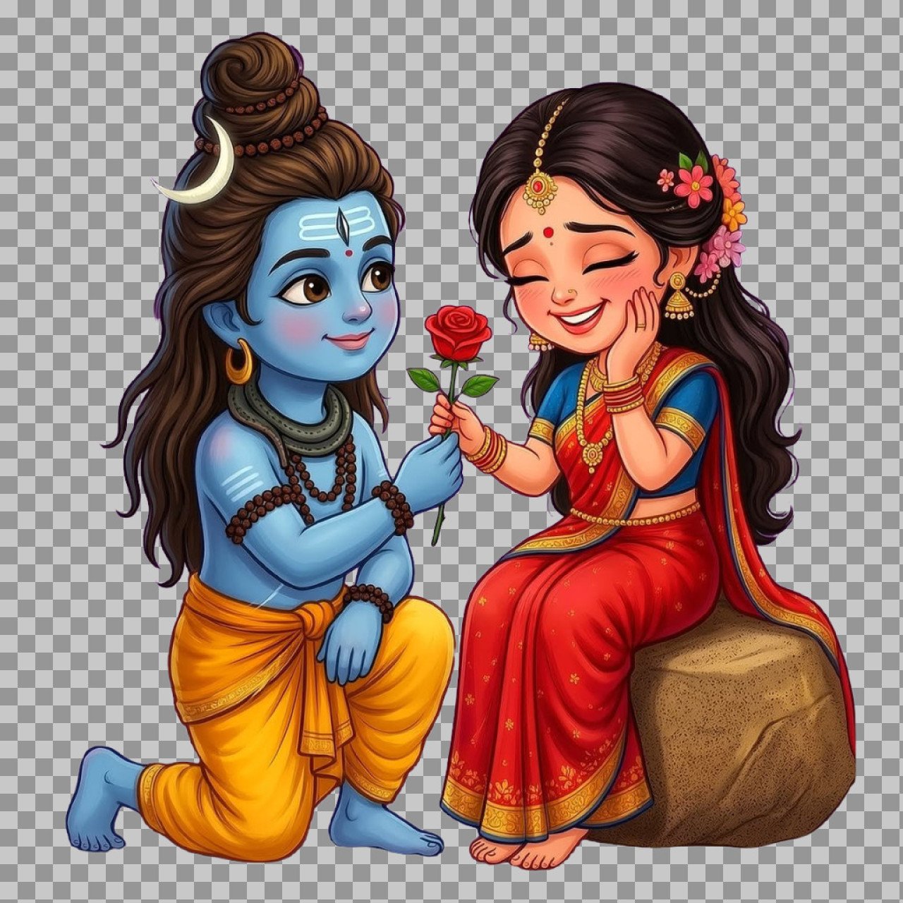 Cute Shiva Parvati PNG – Romantic Hindu God Couple Cartoon Illustration