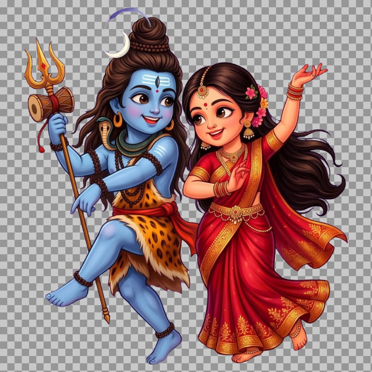 Cute Dancing Shiva Parvati PNG – Hindu God Couple Cartoon Illustration