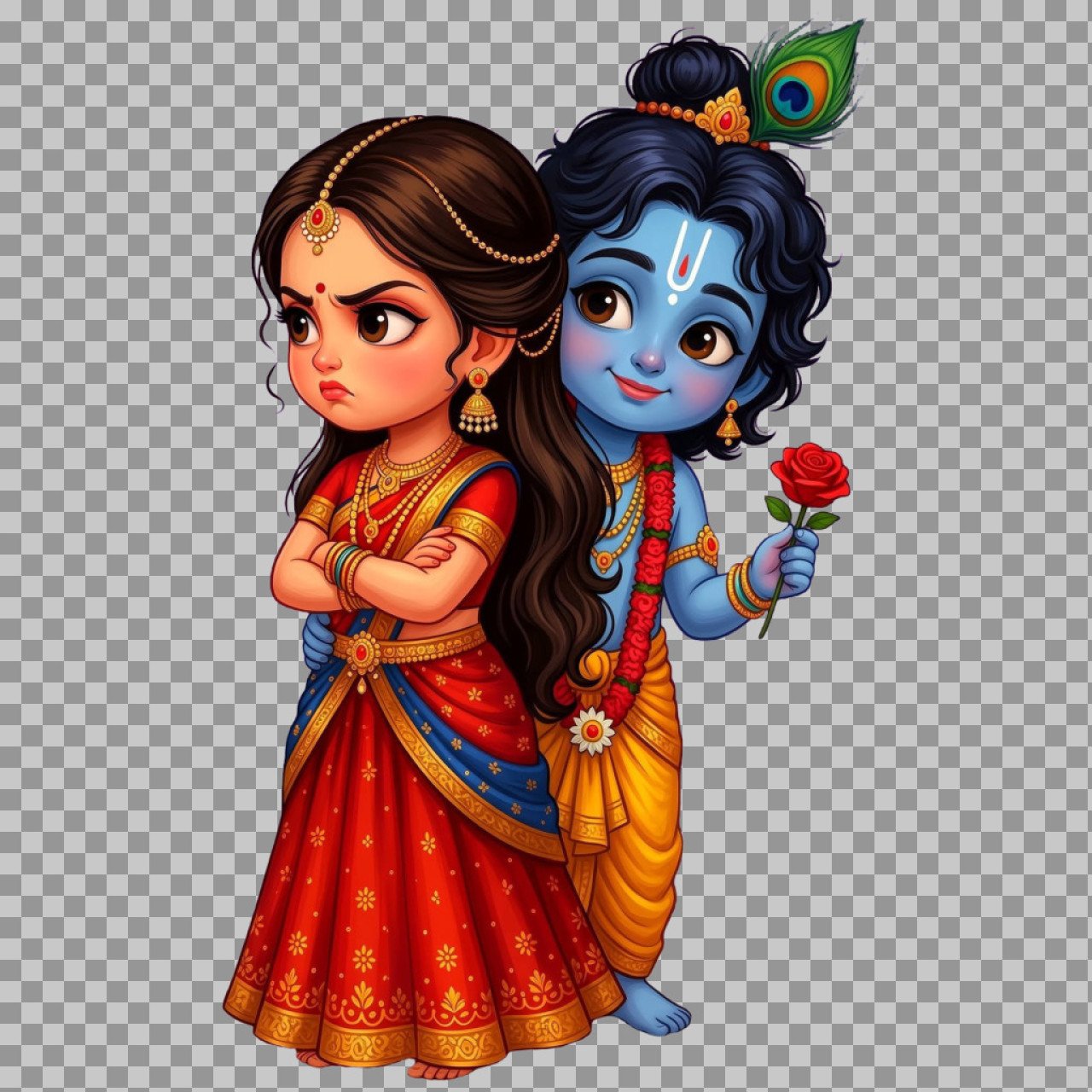 Cute Radha Krishna PNG with Rose – Cartoon Transparent Image
