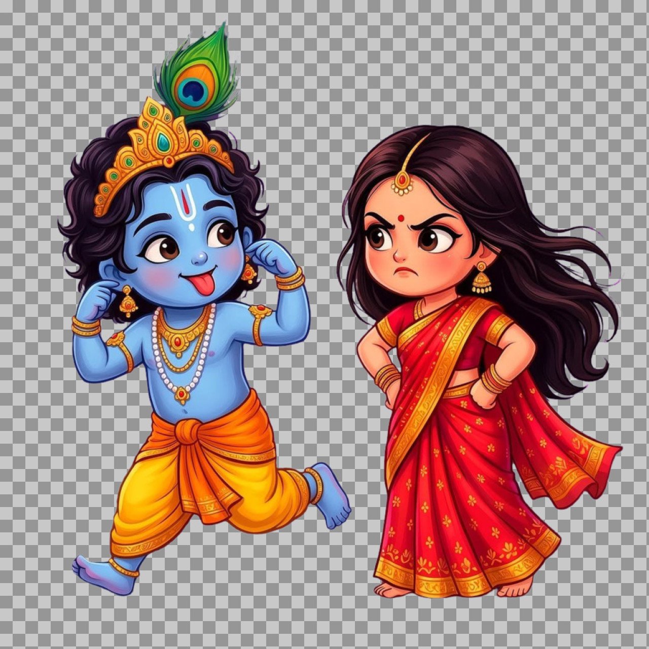 Cute Naughty Krishna Angry Radha PNG – Cartoon Transparent Image