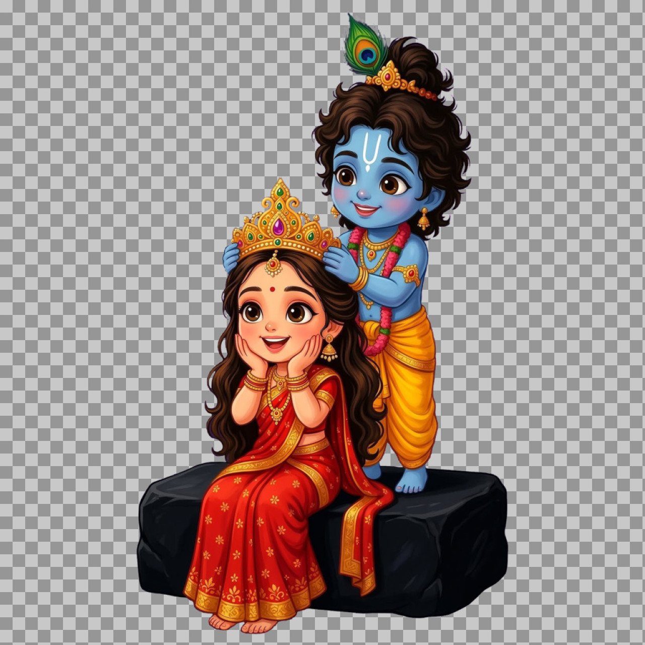 Radha Krishna Crowning Scene PNG | Cute Cartoon Krishna Places Crown on Radha