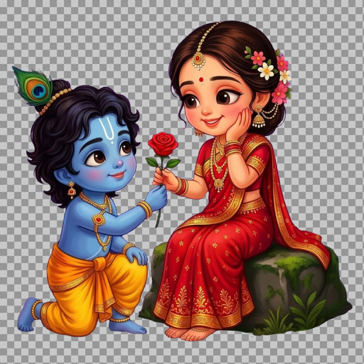 Cute Krishna Offering Rose to Radha PNG | Romantic Divine Couple Cartoon