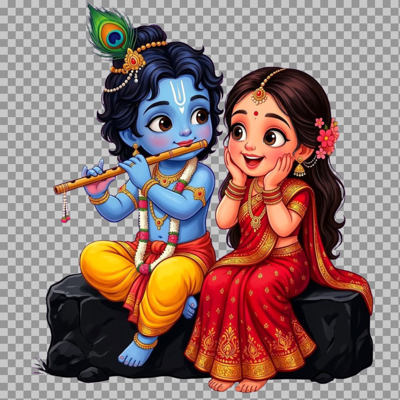 Cute Krishna Playing Flute for Radha PNG | Divine Bansiri Cartoon Illustration