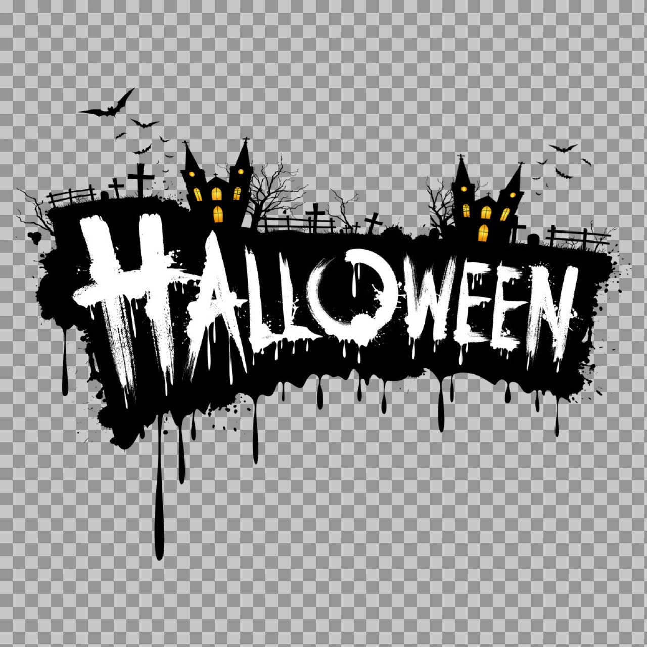 Halloween Banner PNG | Dripping Font & Haunted House Graphic