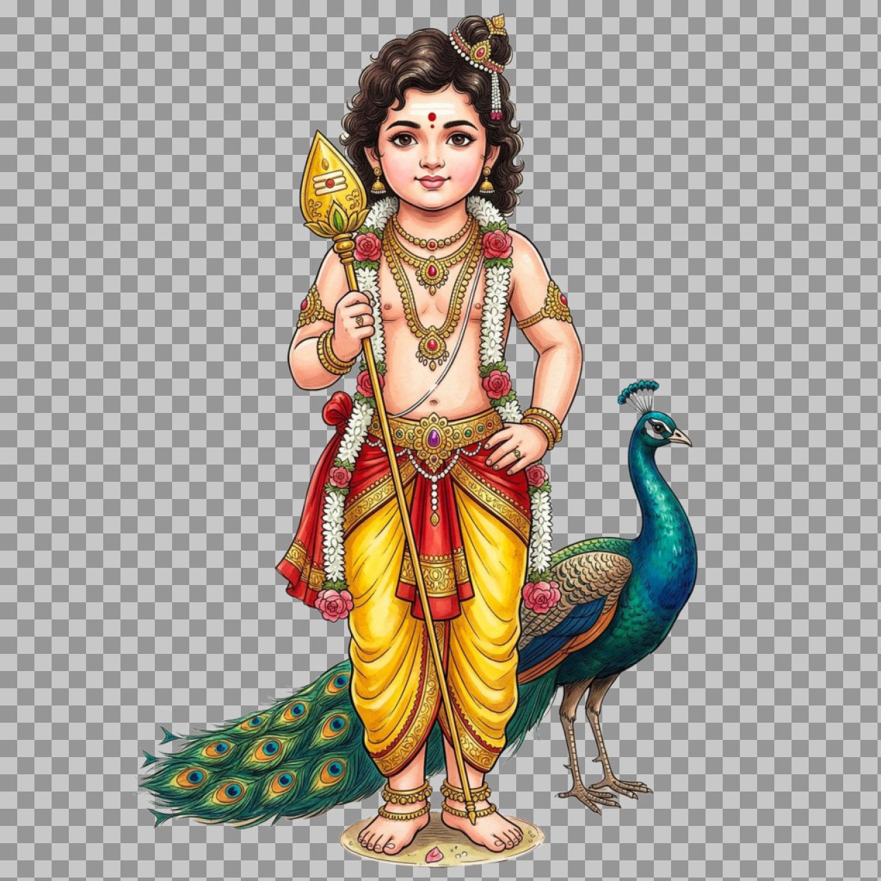 Lord Murugan PNG with Peacock | Kartikeya Child Illustration Transparent Image