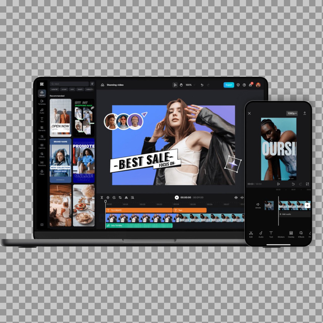 CapCut on Laptop & Mobile PNG | Video Editing Software Mockup Download