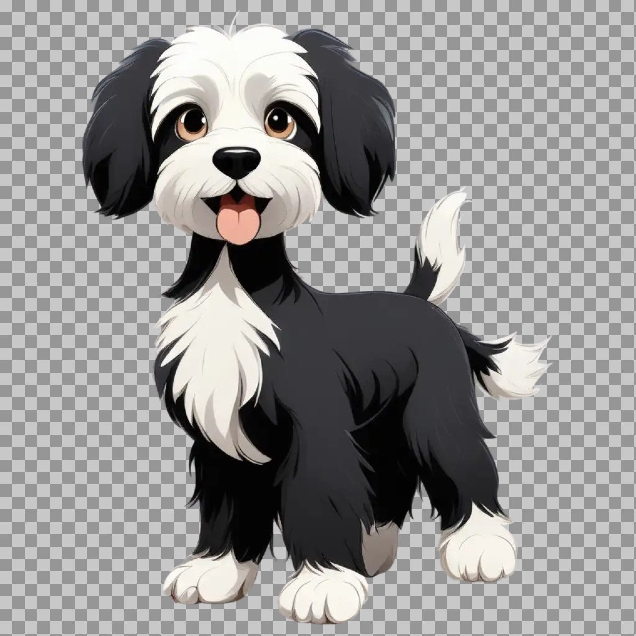 Cute Anime Puppy PNG | Fluffy Black and White Dog Illustration Transparent