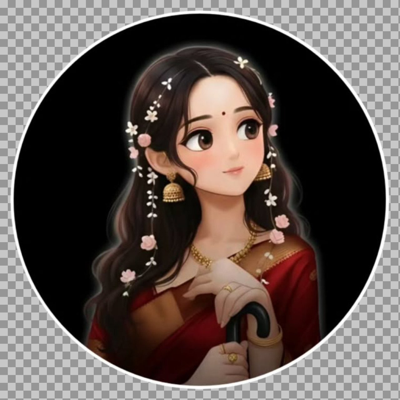 Cute Traditional Girl DP in Red Saree | Stylish Indian Cartoon Girl Profile Picture HD