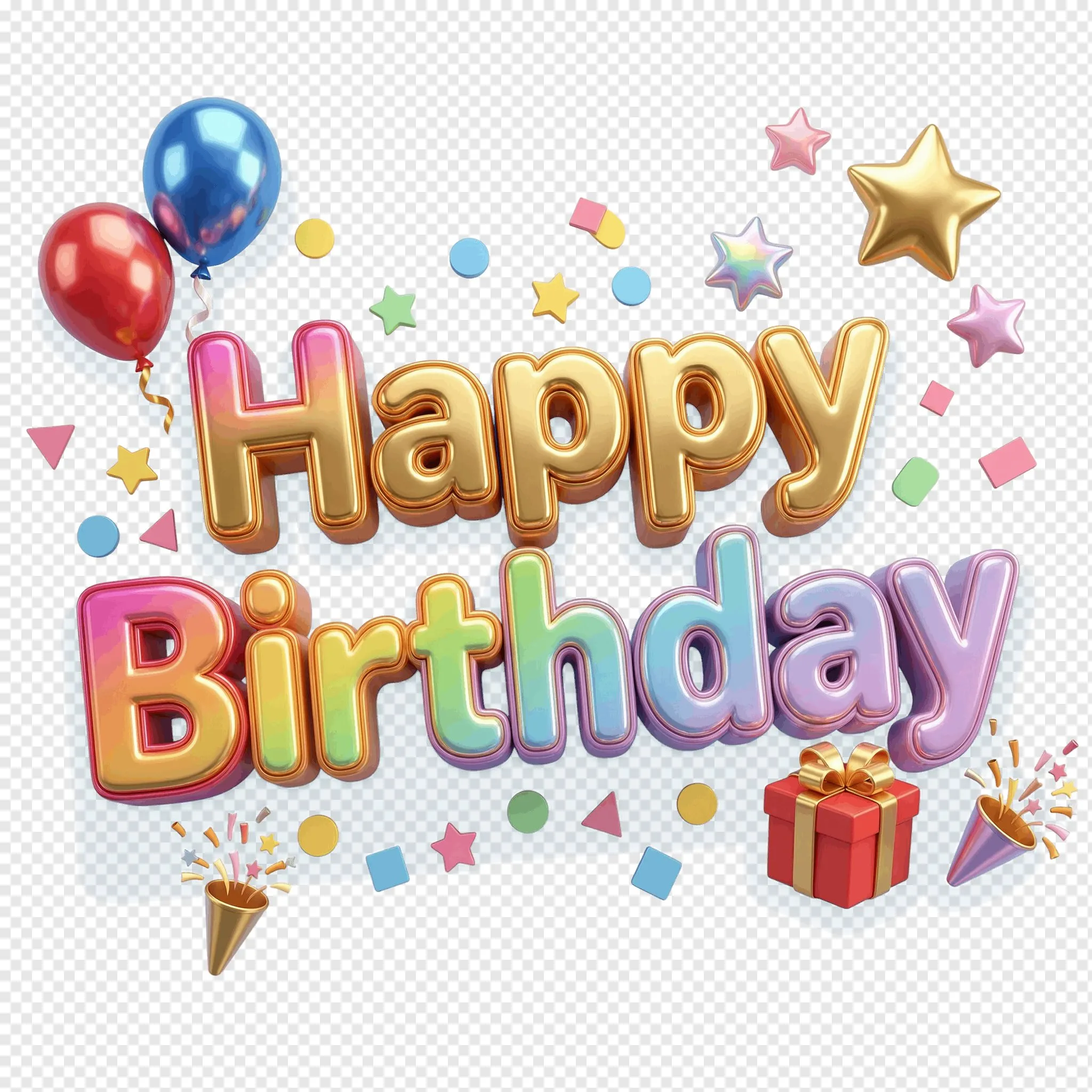 Happy Birthday PNG with Balloons & Gift Box – Colorful 3D Birthday Design